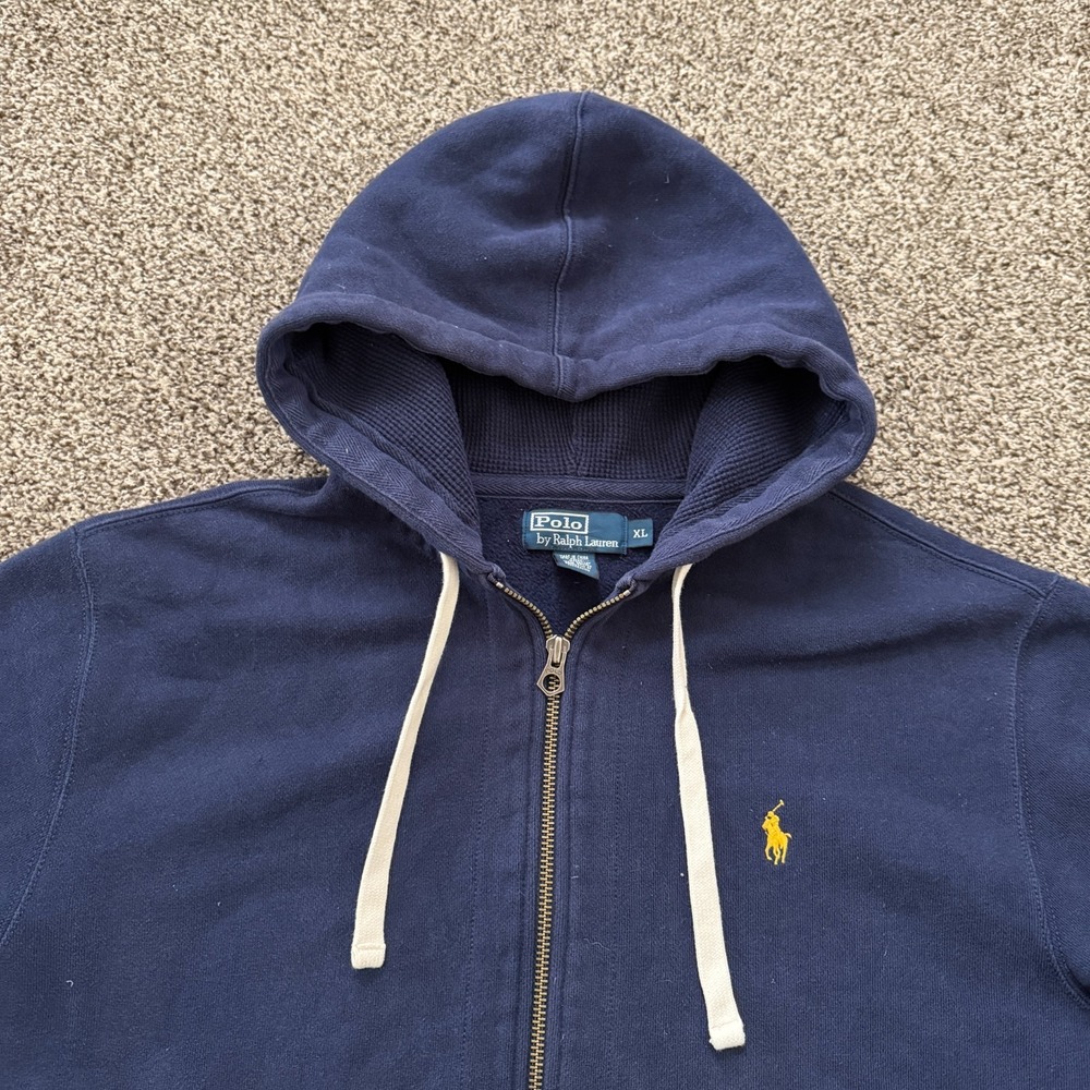 VTG Polo Ralph Lauren Full Zip Fleece Hoodie Men's XL Navy Blue Hype PRL Y2K